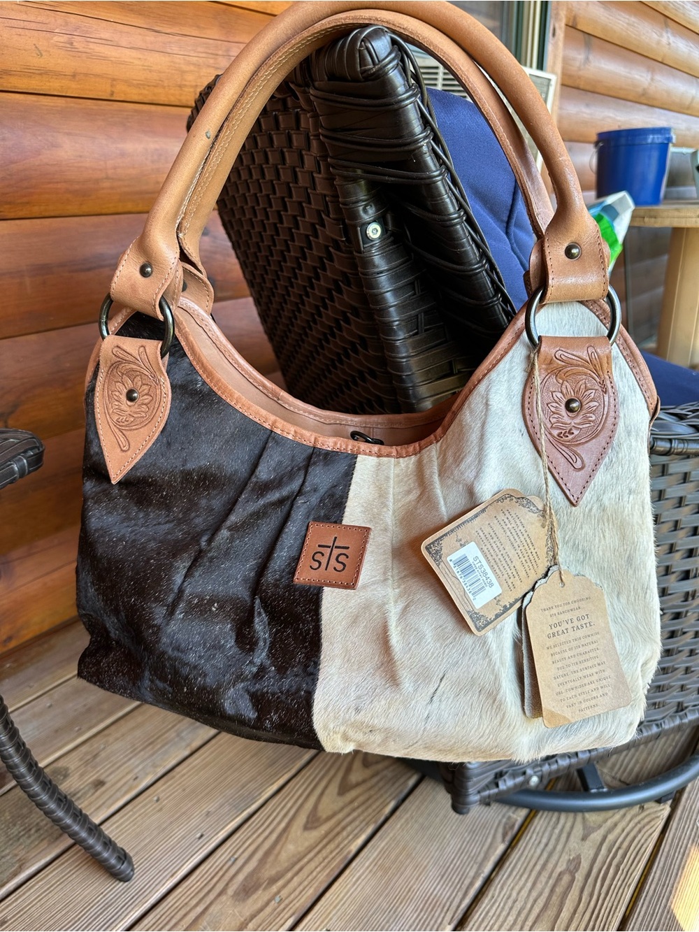 STS Yipee Kiyay Hobo Two-Tone Cowhide Shoulder Bag - Brown & Cream NEW WITH TAGS